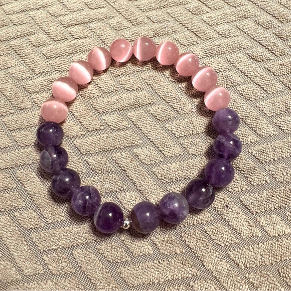 Handmade Amethyst and Pink Cat's Eye Bead Stretch Bracelet - Picture 1 of 5